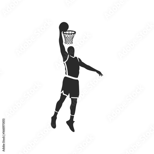 Silhouette of male basketball player dunking ball in action pose