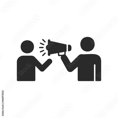 Silhouette of figures communicating with bullhorn icon on white background