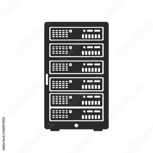 Monochrome server rack icon with multiple units on a white background