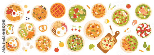 Top view of table with food on plates vector illustration. Cartoon dishes collection for family lunch or dinner in restaurant or home, meals for eating on traditional English breakfast and brunch