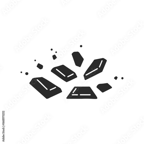Abstract black chocolate bar and pieces on white background