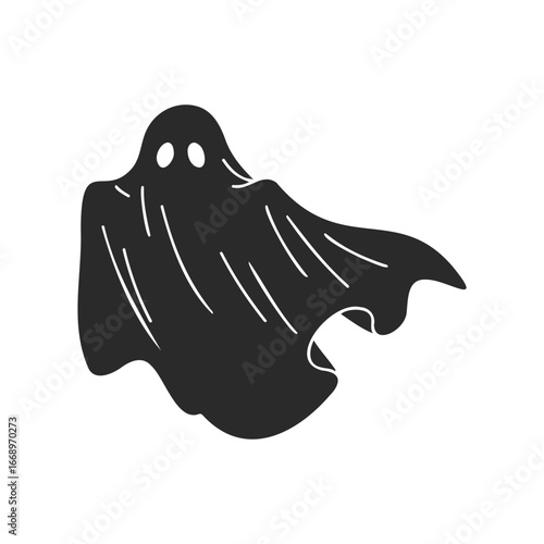 Minimalist black ghost design with flowing cape on white background