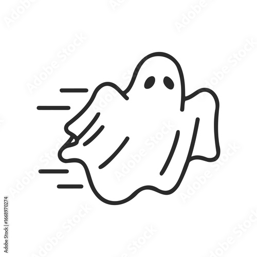 Cartoon ghost flying rapidly with simple line art design