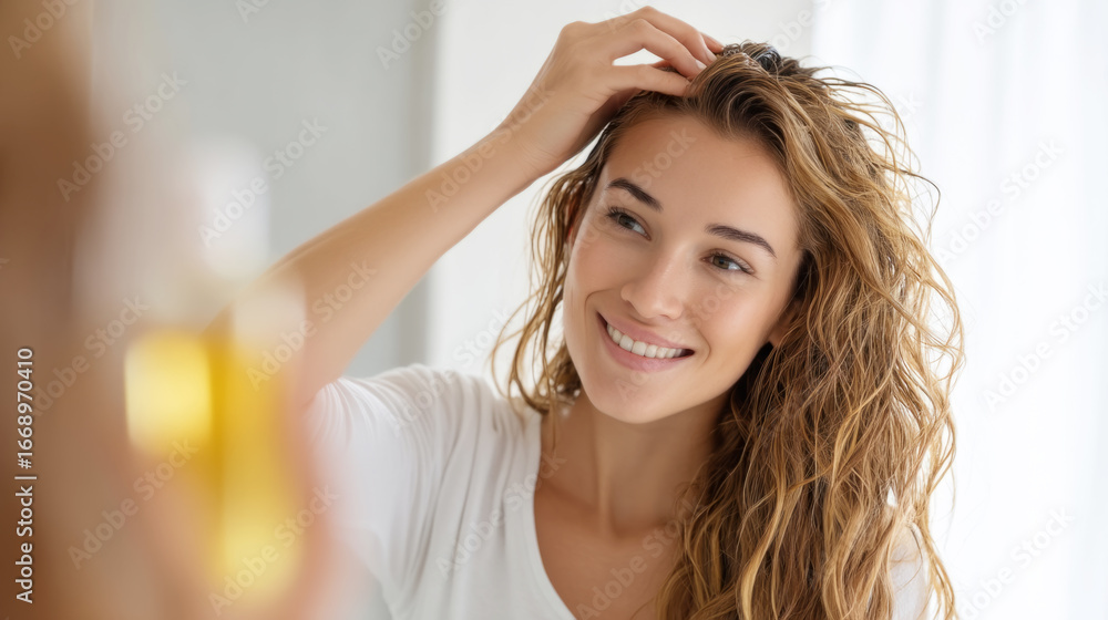 Fototapeta premium Morning ritual of a woman applying hair oil in sunlit room for hair care and relaxation