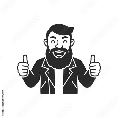 Enthusiastic bearded male giving thumbs up in monochrome illustration