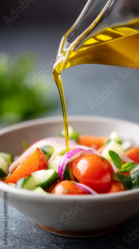Golden olive oil drizzling over fresh vegetable salad for a healthy meal