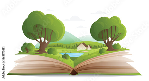 Summer forest landscape on paper pages of open book vector illustration. Cartoon magic spring nature with trees and mountains, water of lake and cute family house, fantasy adventure in storybook