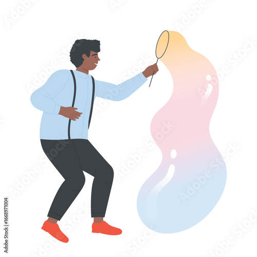 Man blow play with soap bubble giant balloons on foam party isolated cartoon flat vector illustration