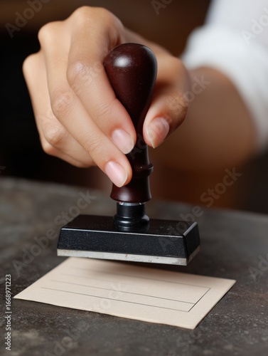 A hand diligently stamps an official document, symbolizing authority and endorsement in a close-up shot. The details of the process are highlighted.