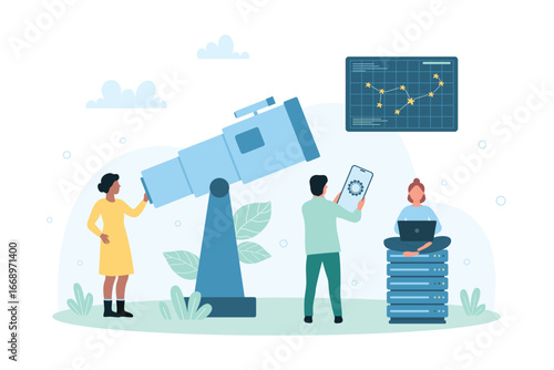 Research and study of astronomy science vector illustration. Cartoon tiny people looking with curiosity at constellation through telescope, scientific observation of starry sky by astronomers