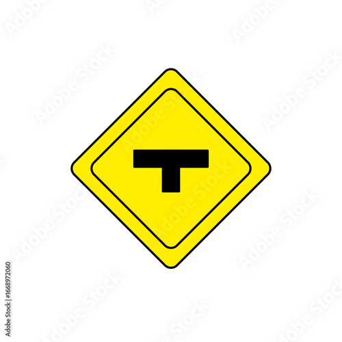 Flat vector illustration of a yellow diamond-shaped T-junction road sign. Used to warn drivers about an upcoming T-intersection where the road ends ahead. Minimalist traffic sign design on white backg