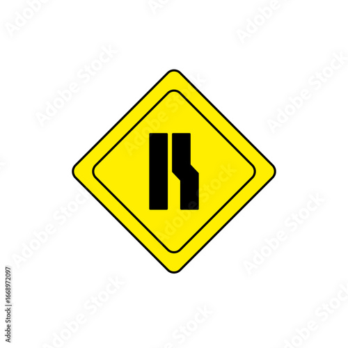 Yellow diamond-shaped warning sign indicating that the road narrows on the right side. Commonly used to alert drivers to upcoming changes in road width for safety