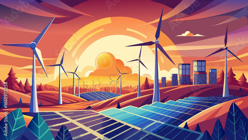 Renewable energy landscape shines with solar panels and wind turbines glowing under sunset skies, uniting modern technology and nature’s brilliance, symbolizing sustainable progress against fading war