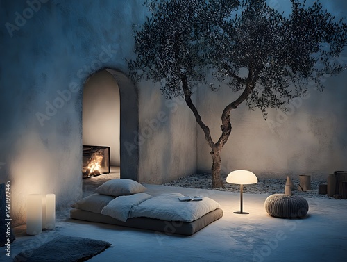 Serene Courtyard Night Scene Olive Tree Bed Candles