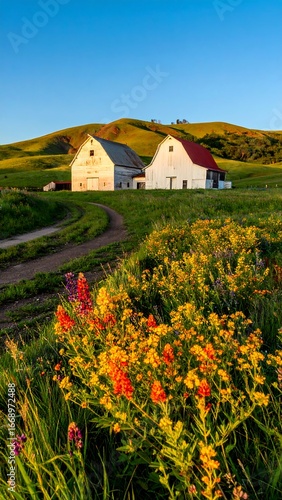 Sunrise over a farm with wildflowers