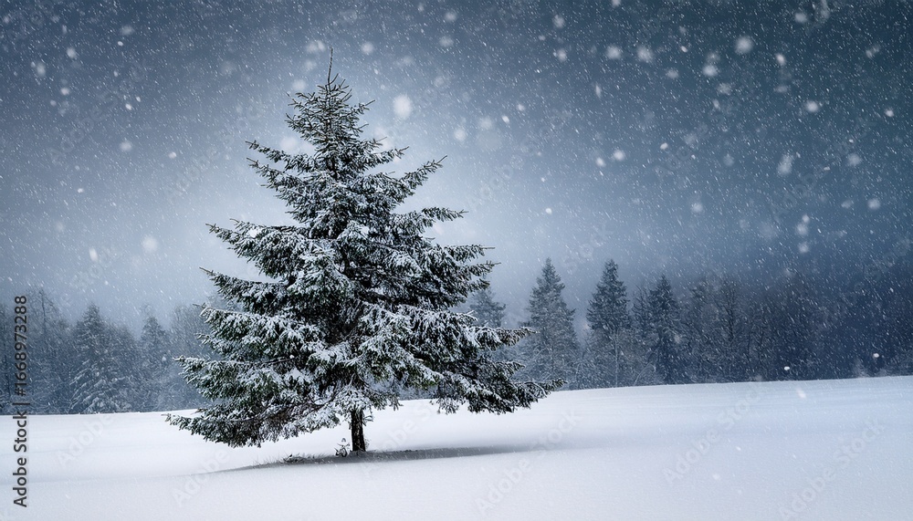 Fototapeta premium a solitary evergreen tree stands in a snowy landscape under a softly falling snow a peaceful winter scene