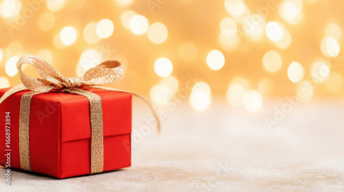 Wallpaper Mural Festive red gift box with golden ribbon on a blurred bokeh background Torontodigital.ca