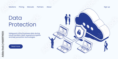 Wallpaper Mural Data Protection, Safeguarding Critical Business Data with Multi-Layered Encryption and Leak Prevention Technologies During Cloud Transfers. Technology Isometric 3d Line Vector Illustration. Torontodigital.ca