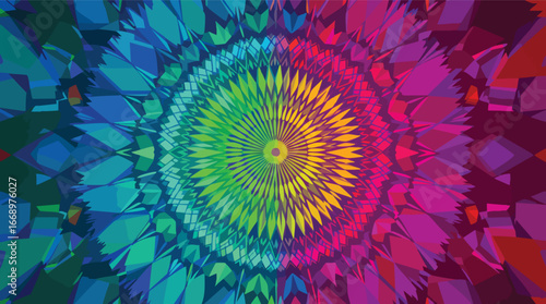 Vibrant Rainbow Geometric Mandala Abstract Background blue circle.