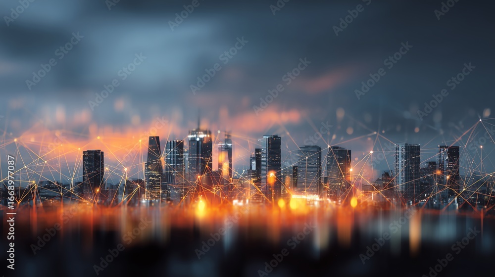 Fototapeta premium modern city skyline blurred in background with abstract overlay shapes, glowing lights, business and corporate style