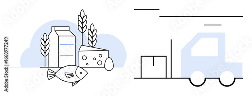 Dairy products, fish, egg, wheat with delivery truck and packed box. Ideal for food industry, logistics, transportation, e-commerce supply chain food distribution sustainable farming. Simple flat
