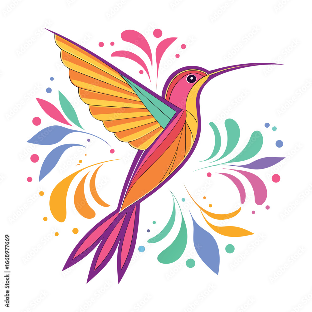 Obraz premium Vibrant mexican folk art hummingbird in flight with colorful decorative floral swirls and abstract shapes against a white background