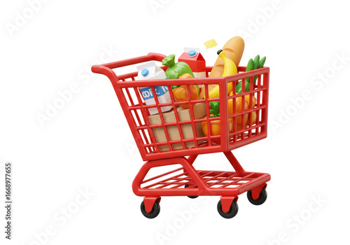 Isolated 3D Render of a Red Shopping Cart Full of Groceries, Including Bread, Bananas, Milk, and Vegetables, Displaying a Concept of Consumerism and Retail Shopping