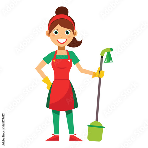 Smiling woman in red apron and yellow gloves holding a mop and bucket ready for house cleaning and tidying up