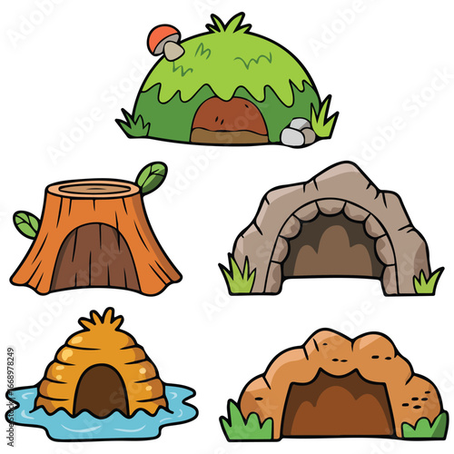Forest animal homes burrows set isolated vector illustration on white background