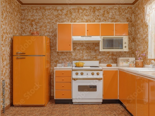 A retro orange kitchen with vintage appliances and a warm, inviting atmosphere.