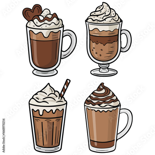 Colorful milkshake design cute chocolate drinks isolated vector illustration on white background