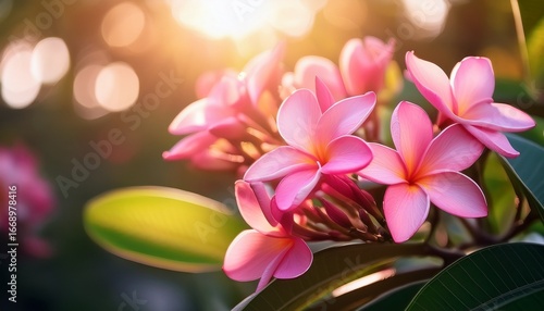 close up of a frangipani plumeria plant featuring vibrant pink flowers illuminated by window light with a beautiful backyard bokeh effect captured at a shallow depth of field