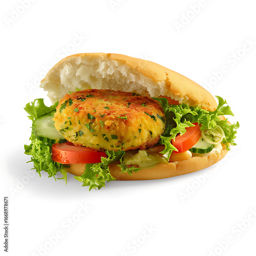 Crispy Fish Sandwich with Fresh Lettuce, Tomato, and Cucumber