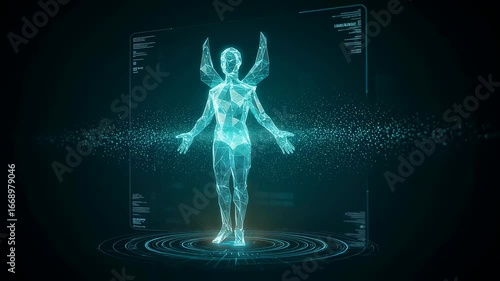 Digital representation of an angelic being with data streams and glowing aura, futuristic technology footage.