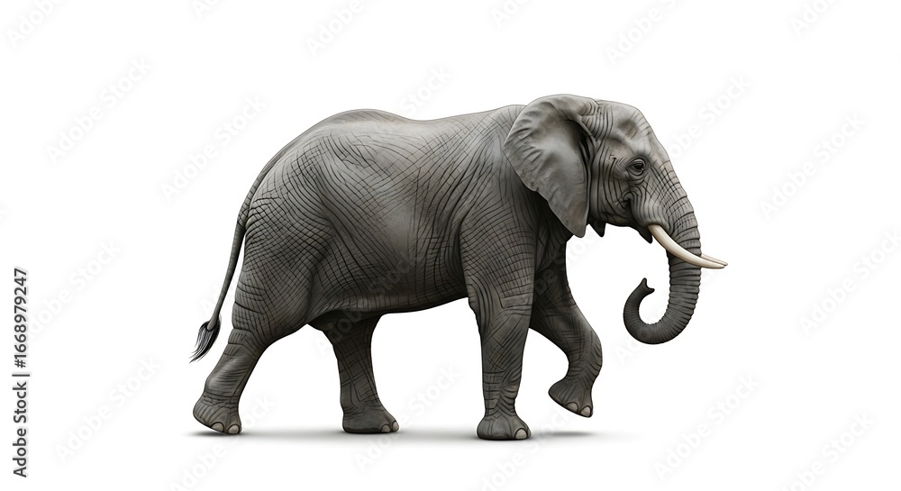 Obraz premium Realistic gray elephant walking with trunk curled on white background african elephant animal