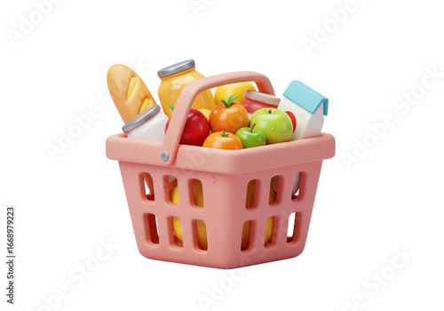 Isolated 3D Rendered Illustration of a Pink Shopping Basket Full of Various Groceries Including Bread, Fruit, and Packaged Goods on a White Background