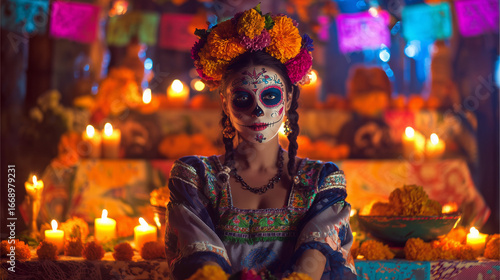Wallpaper Mural Belle femme mexicaine célébrant le Día de los Muertos avec maquillage calavera et couronne de fleurs Torontodigital.ca