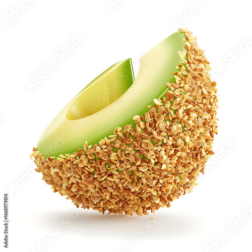 Avocado Half Coated in Granola, Isolated on White Background