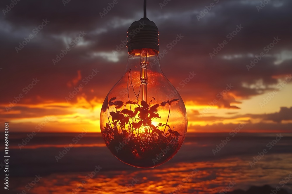Fototapeta premium Sunset Beach Scene with Plants Inside Glass Lightbulb