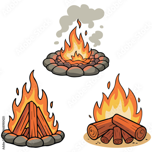 Campfire firewood set outdoor bonfire burning logs isolated vector illustration on white background