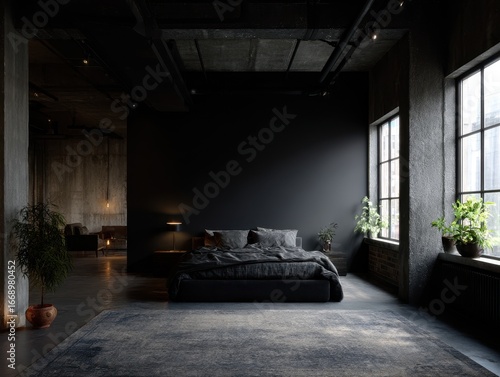 A modern bedroom, bathed in...