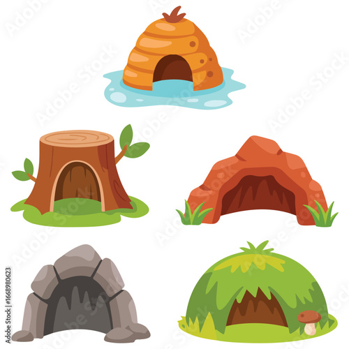Set woodland animal burrows vector illustration isolated on white background