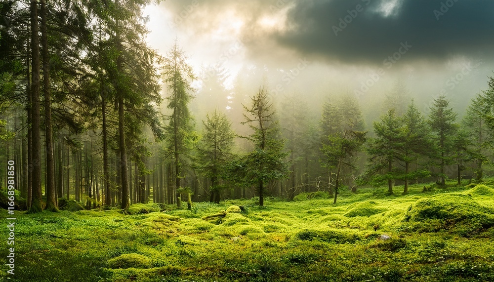 Fototapeta premium evocative forrest landscape featuring lush trees and vibrant grass