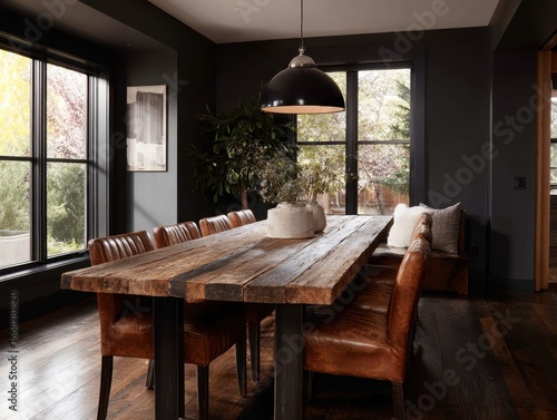 A rustic, dark dining room features a long wooden table with leather chairs, set against a moody backdrop of deep charcoal walls.