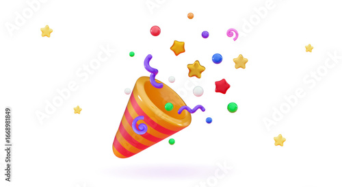 3d confetti popper Party Cartoon emoji Confetti fireworks for the event happy birthday, victory concept, winner prize