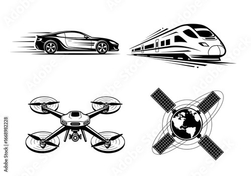 Illustrations showing a car, train, drone, and satellite with earth on a plain presentation