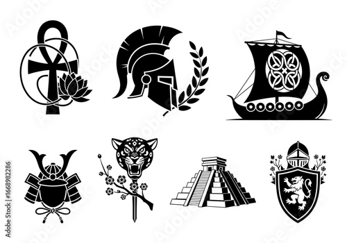 Assorted cultural symbols including egyptian ankh spartan helmet viking ship and mayan pyramid icons