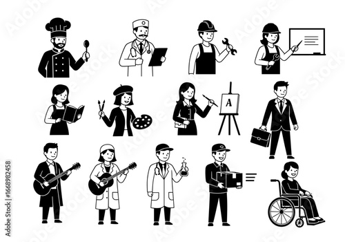 Diverse group of people representing various professions and occupations in monochrome style drawing