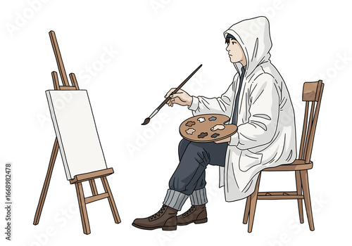 Artist with palette and brush seated painting at an easel wearing a hooded coat and boots illustration