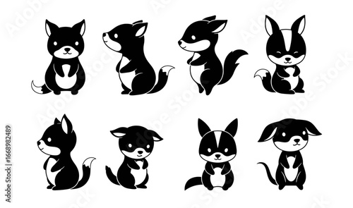 Eight cartoon foxes in varied poses and styles displayed on a white plane variation twenty two